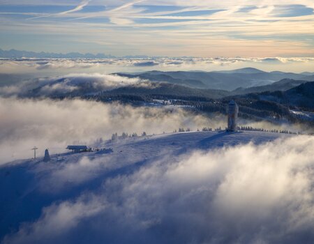 Winterlich verschneiter Feldberg im Sonnenschein